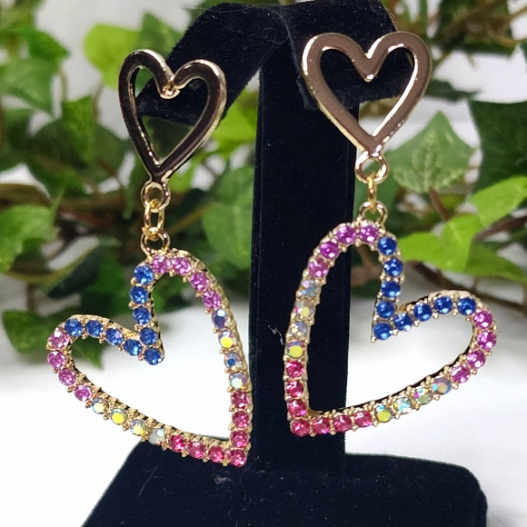 Gold and Multi Color Crystal Heart Drop Earrings - Picture 3 of 6